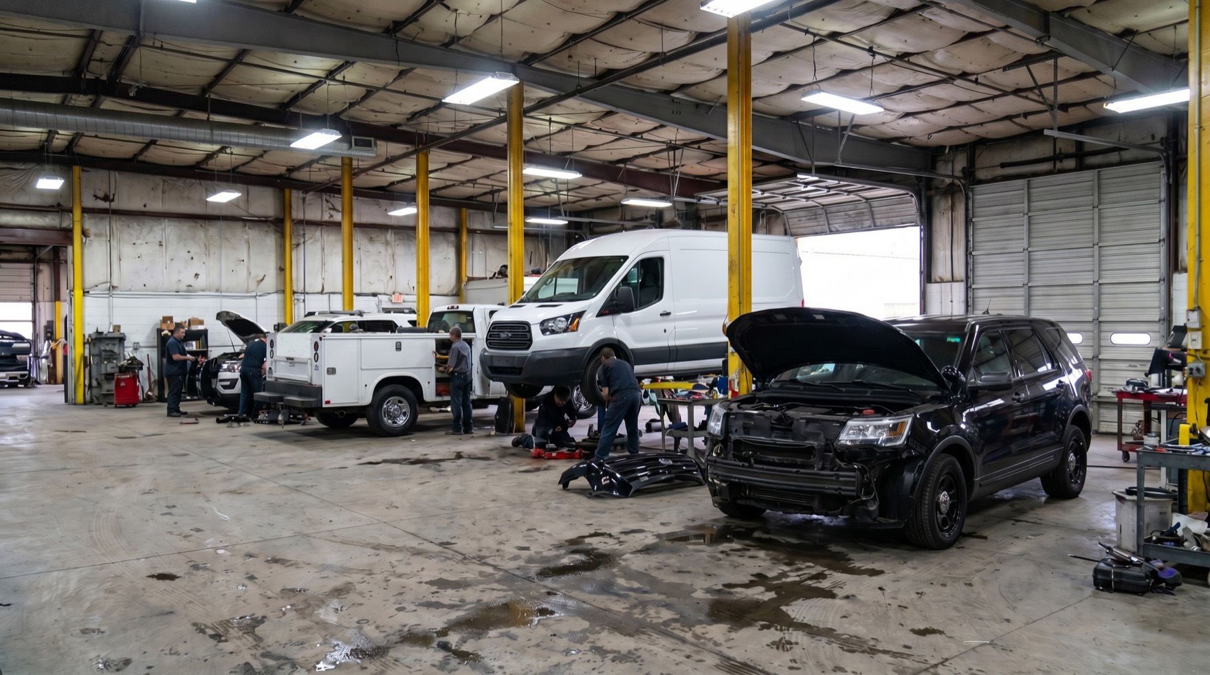 Technicians repairing fleet and municipal vehicles inside TriState Collision Center